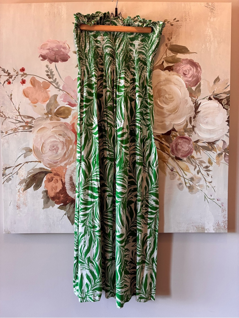 Green and White Tropical Print Strapless Maxi Dress Cover Up